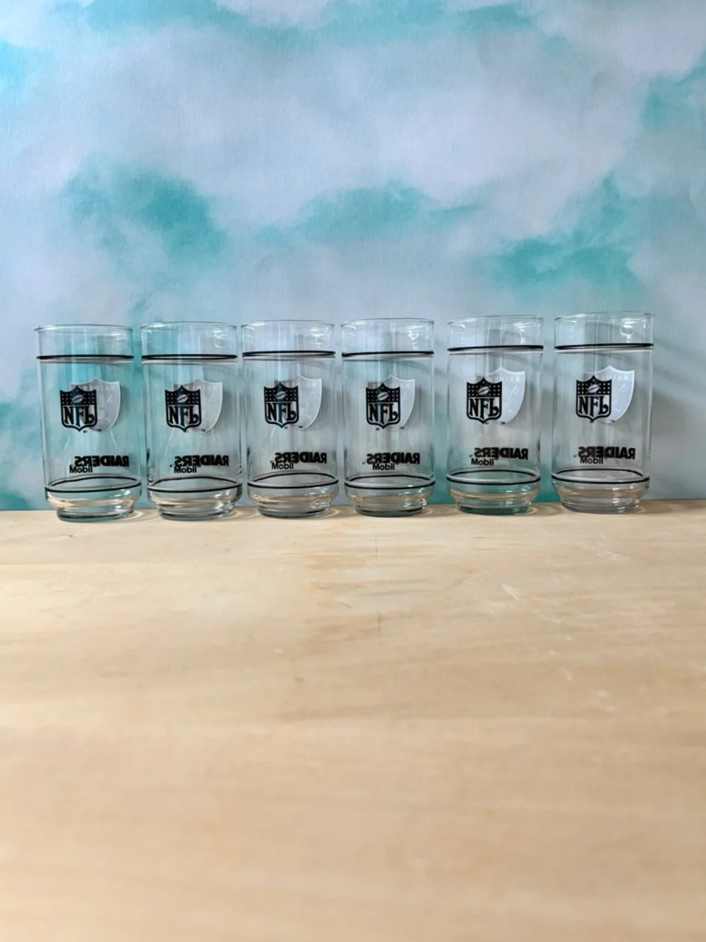 Vintage Set Of 6 NFL Raiders 14 Ounce Drinking Glasses Mobil Gas Promotional